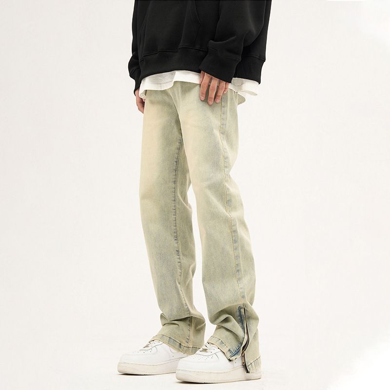 Nordmann Mud Yellow Jeans Men American Retro High Street Side Zipper Casual New Loose Straight Pants_mkmklike.com