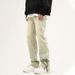 Nordmann Mud Yellow Jeans Men American Retro High Street Side Zipper Casual New Loose Straight Pants_mkmklike.com