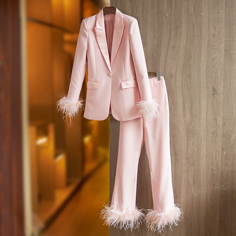 Women's Clothing Autumn and Winter Satin Collar Spliced Blazer Feather Decoration Dress Suit Straight leg Pants Two piece Set_mkmklike.com