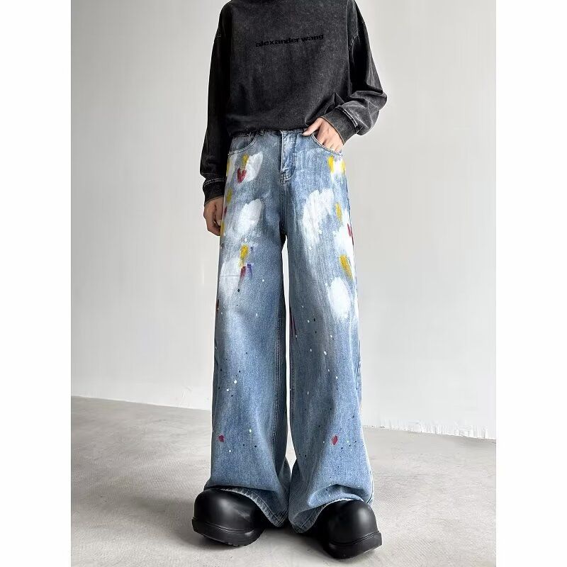 Retro Graffiti Paint Splatter Loose Fit Casual Straight Leg Wide Pants Denim Jeans For Men Breathable Polyester Fabric_mkmklike.com