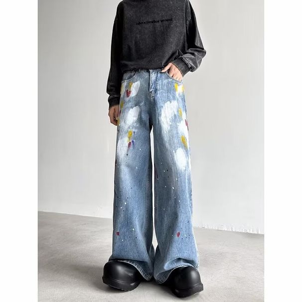 Retro Graffiti Paint Splatter Loose Fit Casual Straight Leg Wide Pants Denim Jeans For Men Breathable Polyester Fabric_mkmklike.com