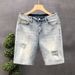 Light Colored Ripped Jeans Men's 2024 Summer Thin Loose Shorts Trendy Printed Casual Versatile Five Quarter Pants_mkmklike.com