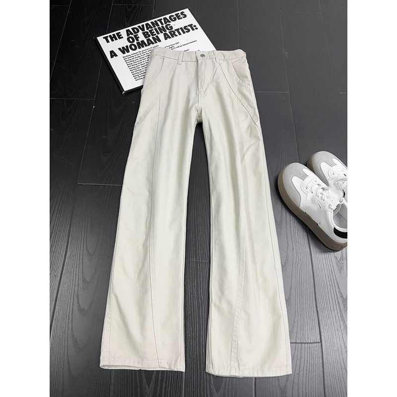 Men's Beige Solid Color Casual Flared Jeans Diagonal Cut Patchwork Slightly Flared_mkmklike.com