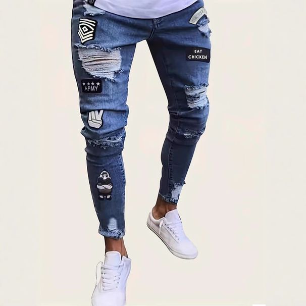 Distressed Embroidered Skinny Jeans For Women - High Waist Stretch Denim Pants With Knee Rips & Zip Detail (Navy Blue, Sizes 30-38)_mkmklike.com
