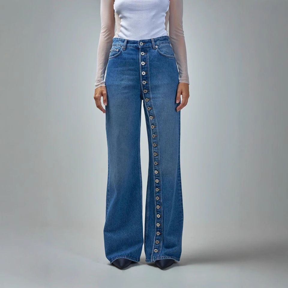Vintage Washed High-Waisted Straight Leg Jeans For Women - Retro Button Fly Denim Pants With Distressed Details_mkmklike.com
