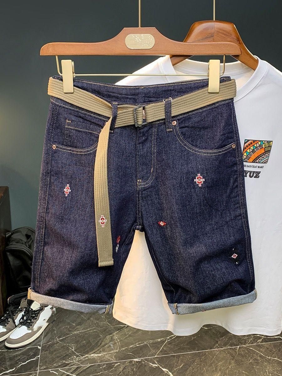 Men's Stretch Denim Shorts Thin Straight Leg Capri Pants Loose Fit Casual Outerwear_mkmklike.com
