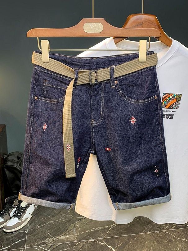 Men's Stretch Denim Shorts Thin Straight Leg Capri Pants Loose Fit Casual Outerwear_mkmklike.com