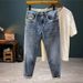 Men's Slim Fit Stretchy Jeans Casual Cropped Korean Style Trendy Slightly Wide Versatile Denim Blue Low Waist For Spring_mkmklike.com