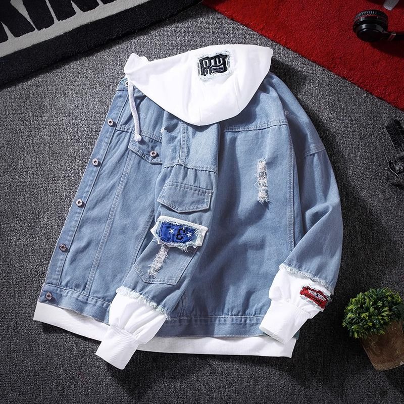 Men's Distressed Denim Jacket With Hood Autumn Casual Streetwear, Slim-Fit Layered Look (Sizes S-XXXL, Cotton Blend, Light/Deep Blue & Black)_mkmklike.com