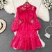 Women's Retro palace style stand-up collar puff sleeve waist slimming A-line ruffled crochet hollow water-soluble lace dress_mkmklike.com