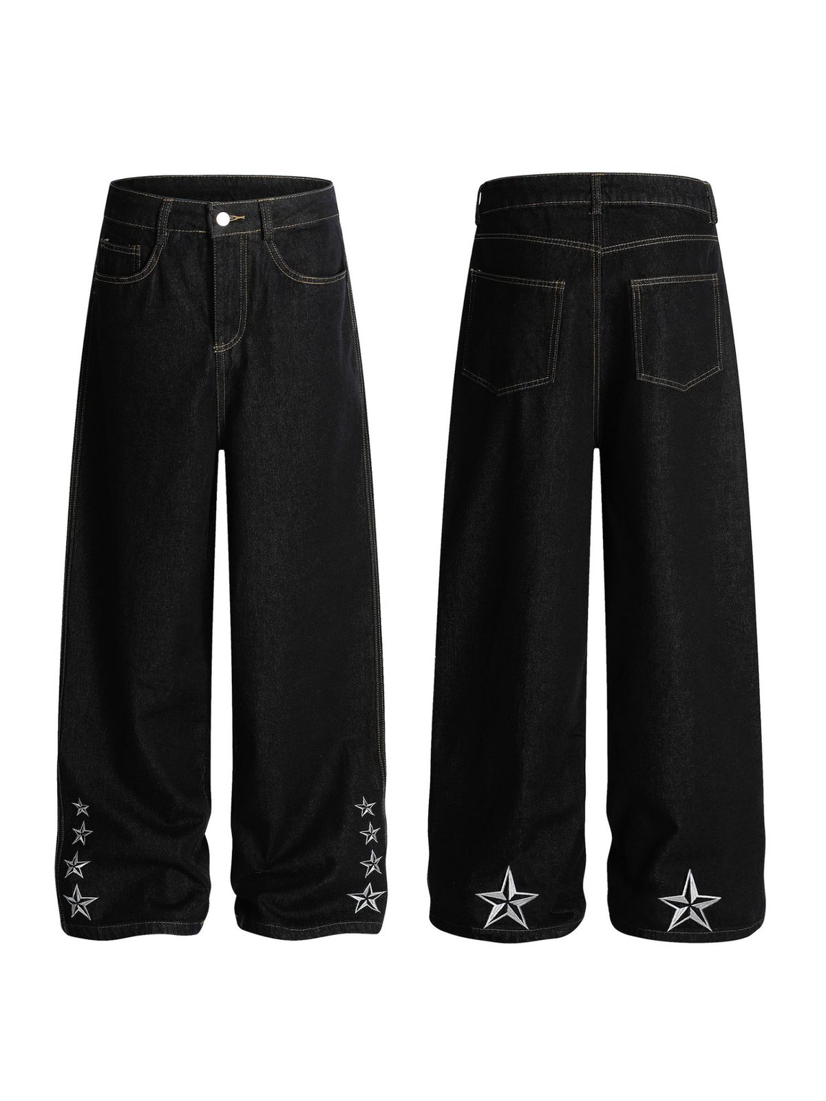Korean-Style Distressed Washed Wide-Leg Jeans – Embroidered Star Details | Unisex Loose Fit Streetwear Denim Pants (S-XL, Blue/Black)_mkmklike.com