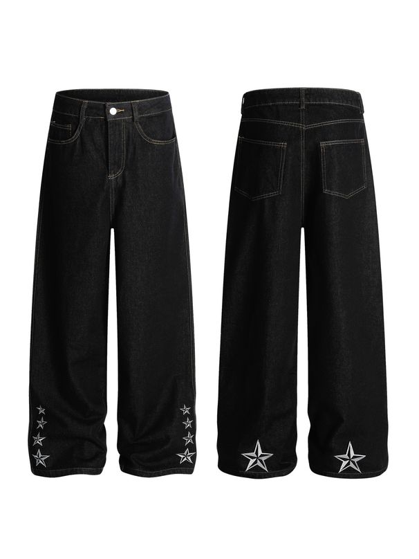 Korean-Style Distressed Washed Wide-Leg Jeans – Embroidered Star Details | Unisex Loose Fit Streetwear Denim Pants (S-XL, Blue/Black)_mkmklike.com