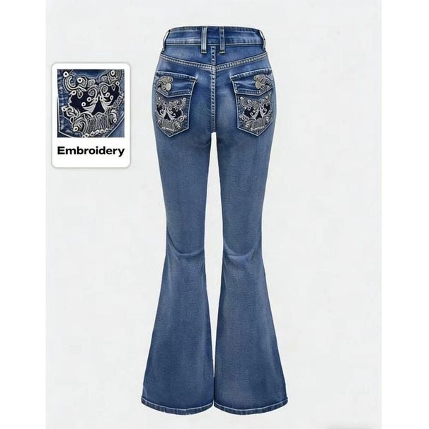 Women's Clothing Women's High-Waisted Flared Jeans With Embroidered Pockets – Stretch Denim Retro Bell Bottoms (S-L, Blue/Black)_mkmklike.com