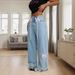Women's Clothing Fashion Wide Leg Jeans Fashionable Snow-Washed Wide-Leg Jeans With Bow Detail – High Waist, Comfort Fit, Classic Blue For Women_mkmklike.com