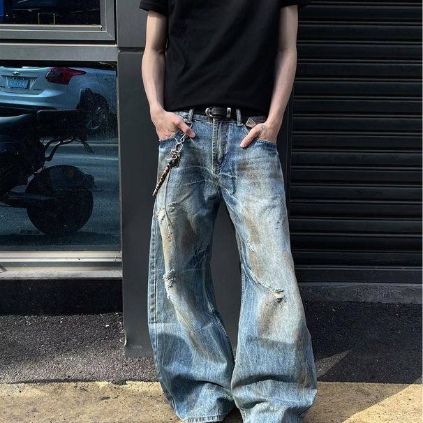 Men's Clothing Distressed Ripped Jeans High Street Style Loose Fit Straight Wide Leg Pants Trendy American Feel_mkmklike.com