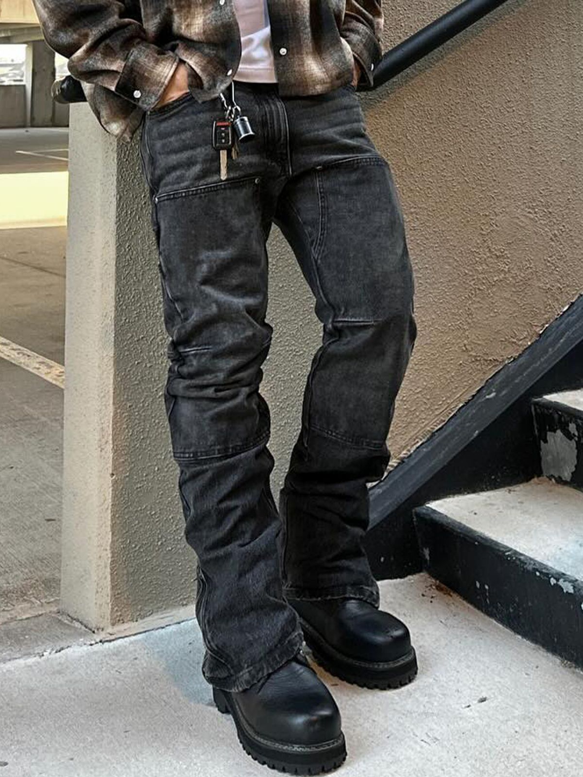 2026 Men's Clothing Patchwork Slim Fit Jeans American Style Slight Flare Stylish Denim Trousers_mkmklike.com