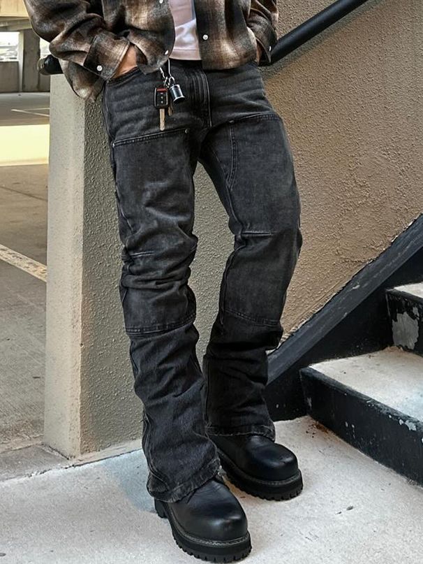 2026 Men's Clothing Patchwork Slim Fit Jeans American Style Slight Flare Stylish Denim Trousers_mkmklike.com