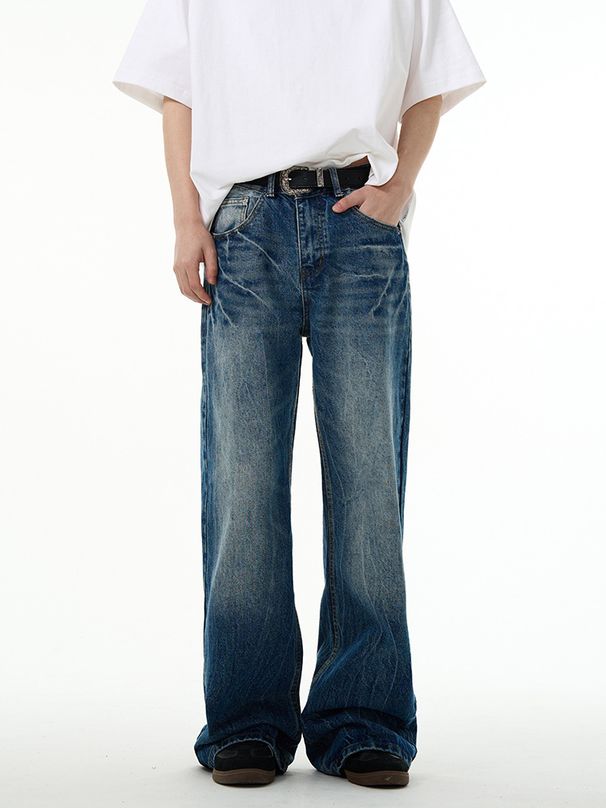 Retro American Style Loose Fit Jeans For Men, Vintage Washed Denim Pants, High-End Niche Design, Trendy & Stylish Casual Trousers_mkmklike.com