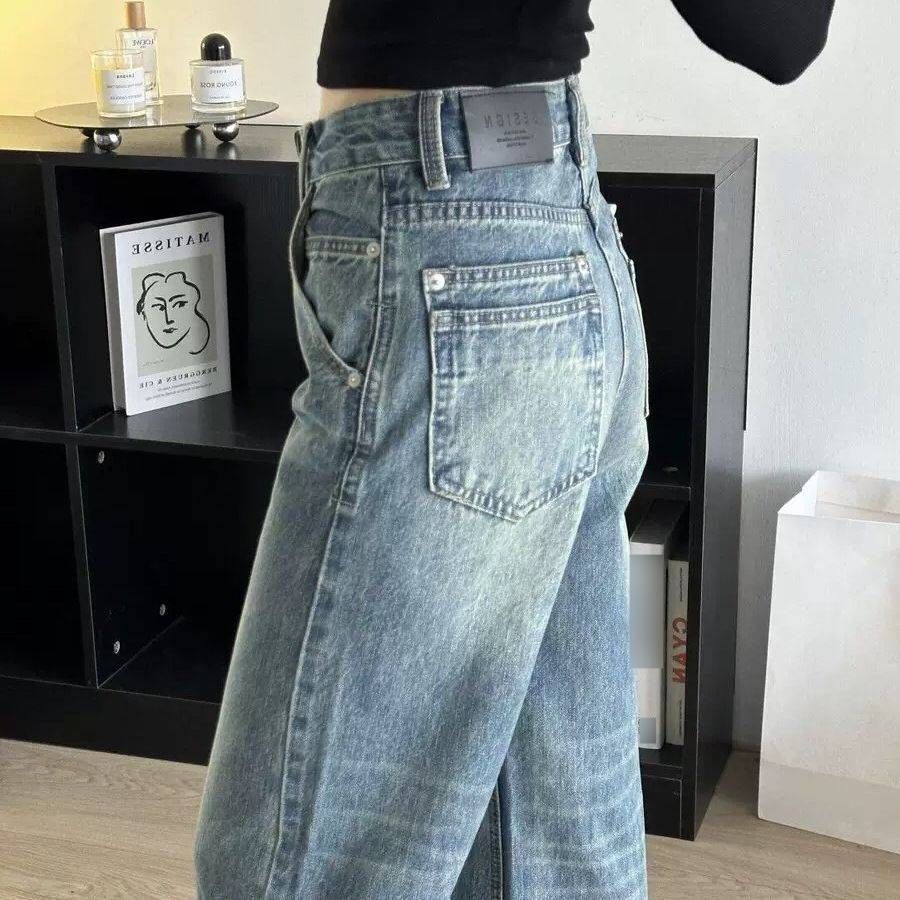 Women's High-Waisted Wide-Leg Jeans – Vintage Washed Blue Denim, Relaxed Straight Fit With Retro Pockets (S-2XL, Non-Stretch Cotton)_mkmklike.com