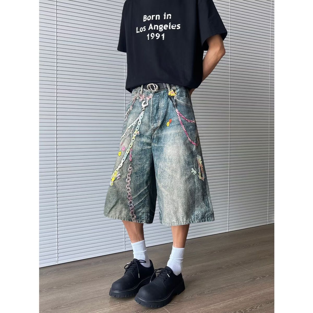 Men's Vintage Hip Hop Chain Print Denim Pants High Street Punk Wide-Leg Jeans For Urban Streetwear_mkmklike.com