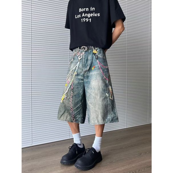 Men's Vintage Hip Hop Chain Print Denim Pants High Street Punk Wide-Leg Jeans For Urban Streetwear_mkmklike.com