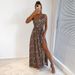 Women's oblique shoulder leopard print slim waist temperament long dress_mkmklike.com