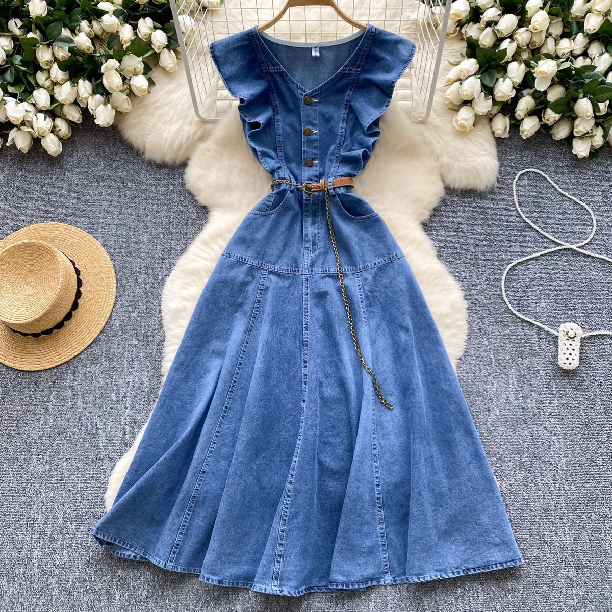 Women's Clothing Retro Design V Neck Ruffle Stitching Single Breasted Waist Slimming Temperament Knee Length Denim Dress_mkmklike.com