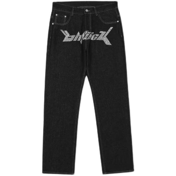 Retro Hip-Hop Print Denim Pants – Oversized Streetwear Jeans With Graffiti Art & Distressed Wash (S-XXXL, Polyester, Drop-Crotch, Unisex Urban Style)_mkmklike.com