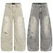 Unisex Oversized High-Street Deconstructed Jeans Knife-Cut Hem Vintage Wash 100% Cotton Gray S-XXL_mkmklike.com