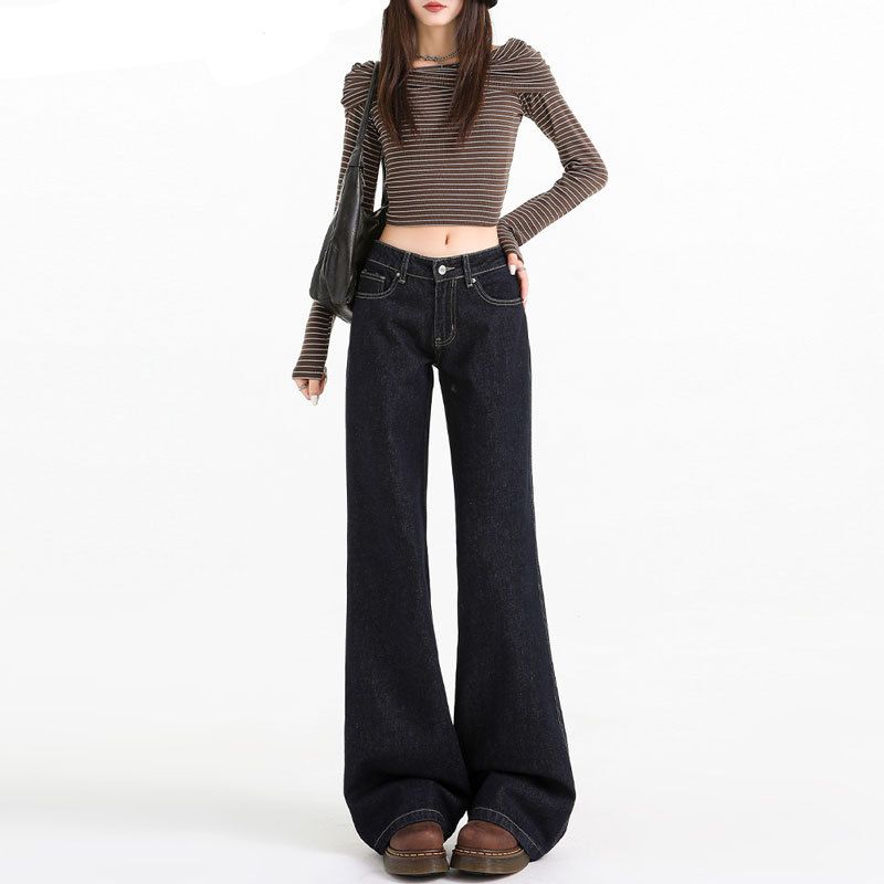 Women's American Style Dark Blue Flared Jeans Straight Leg Loose Fit plus Size Retro Low Waist Slimming Wide Leg Floor Length_mkmklike.com