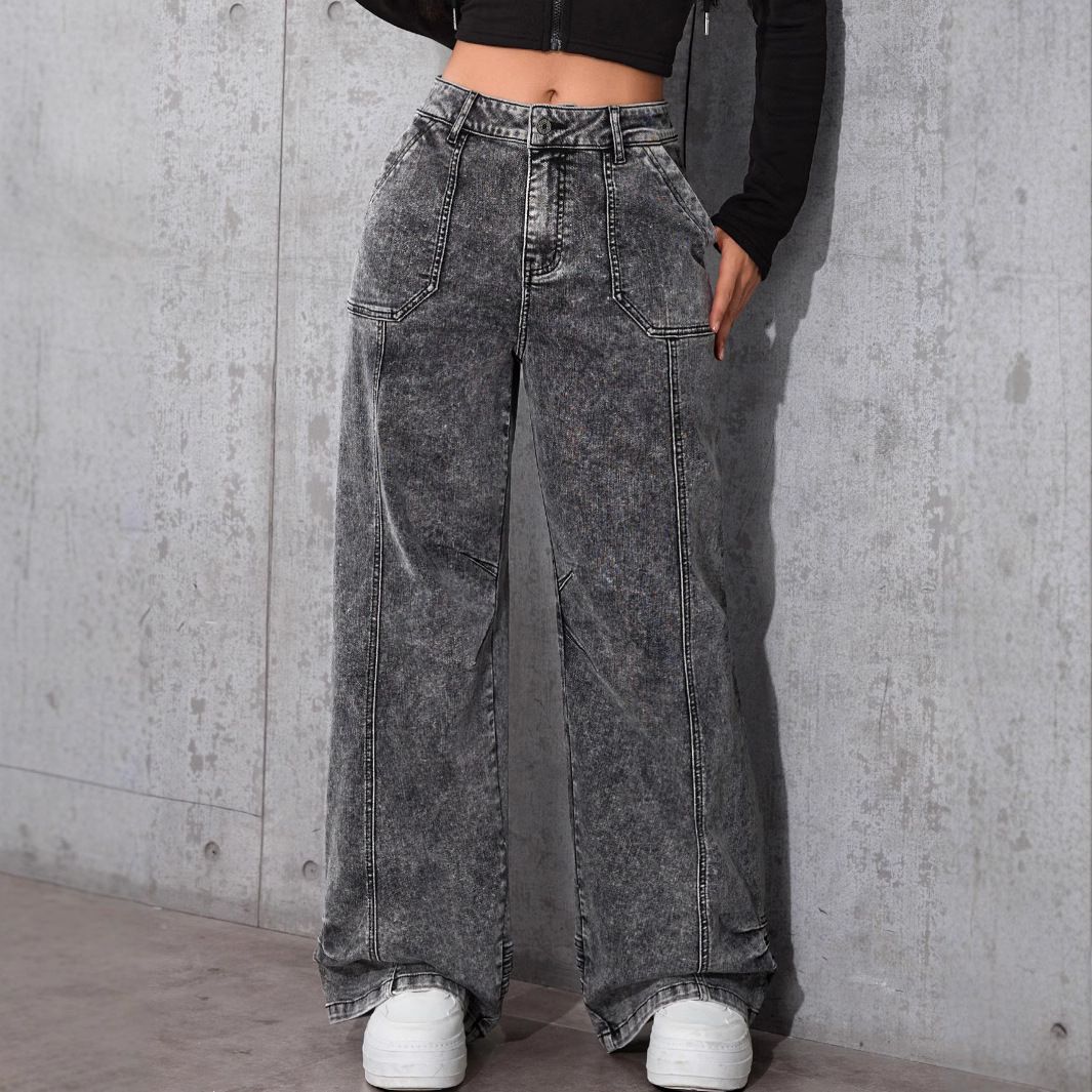 Vintage Leopard Print Cargo Jeans For Women – High Waisted Relaxed Fit Wide Leg Pants (Utility Streetwear Denim With Distressed Wash)_mkmklike.com
