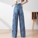 Women's High-Waisted Cat Whiskers Lace Patchwork Hollowed out Denim Jeans European American Style Washed Baggy Straight Leg Trousers_mkmklike.com