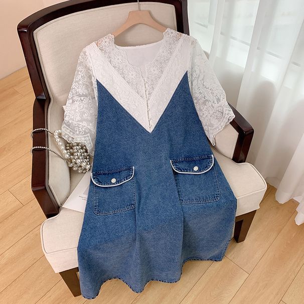 Women's Clothing Plus Size Women's V Neck Lace Stitching Denim Dress XX2522_mkmklike.com