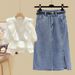 "Plus Size Denim Skirt & Ruffle Blouse Set – Flattering Summer Two-Piece Outfit For Women Up To 200 Lbs, Stretchy Polyester Casual_mkmklike.com