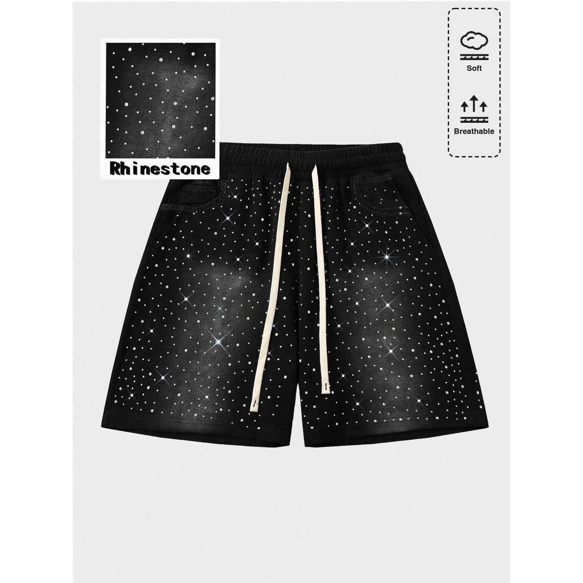 Men's Denim Shorts Summer Style European Size Rhinestone Craftsmanship Elastic Waist Five Point Pants_mkmklike.com
