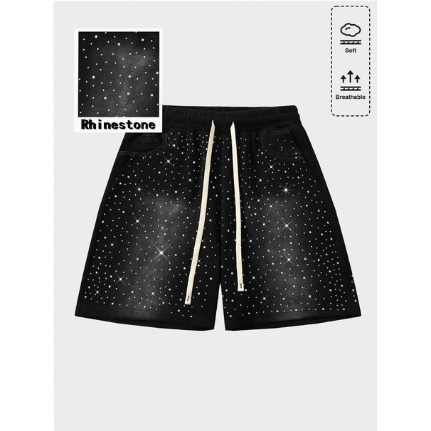 Men's Denim Shorts Summer Style European Size Rhinestone Craftsmanship Elastic Waist Five Point Pants_mkmklike.com