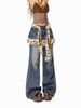 Vintage Leopard Print Fluff Splicing Stacked Fart Curtain Spice Girl Straight Wide Leg Fake Two-piece Jeans_mkmklike.com