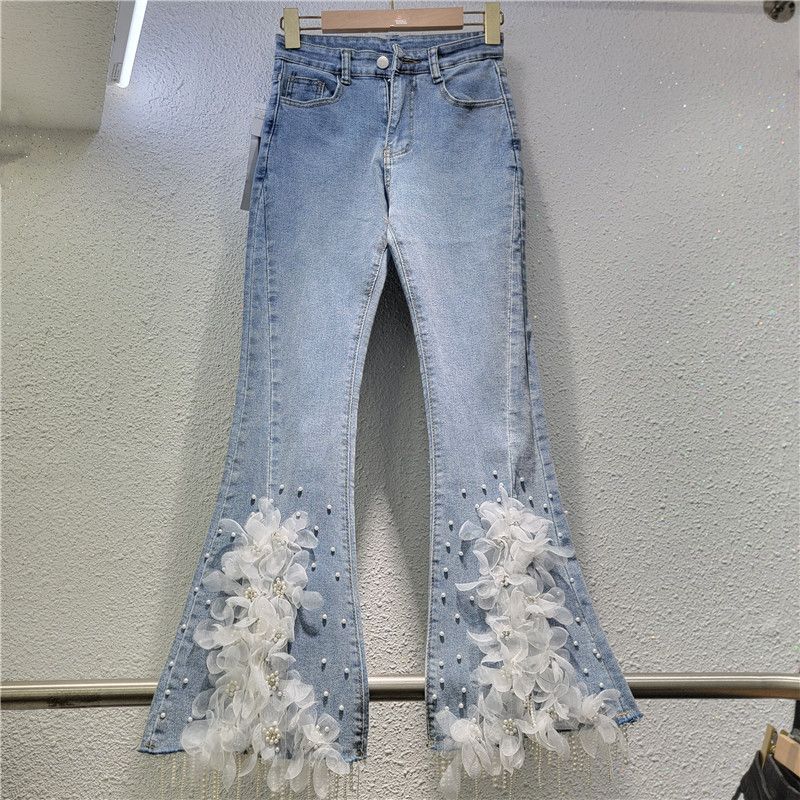 Women's High Waist Flared Jeans With Floral Embroidery & Rhinestones - Stretchy Denim Pants For Fall, Comfortable & Stylish_mkmklike.com