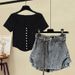 Women's Clothing Hot Girl Female Summer Net Red Pure Desire Short T Shirt Top Denim Skirt Pants Large Size Outfit_mkmklike.com