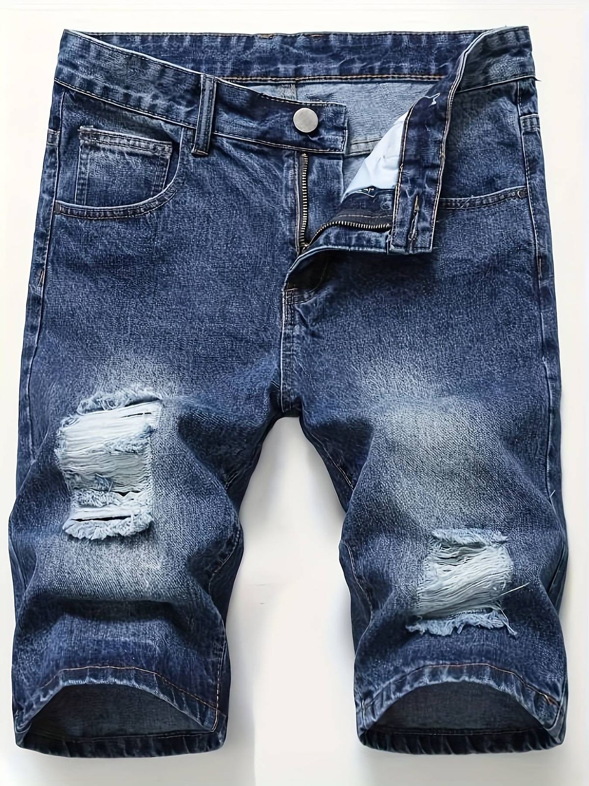 Men's Distressed Denim Jeans - Vintage Washed Blue Relaxed Fit Straight Leg Casual Shorts For Hip Hop Streetwear_mkmklike.com