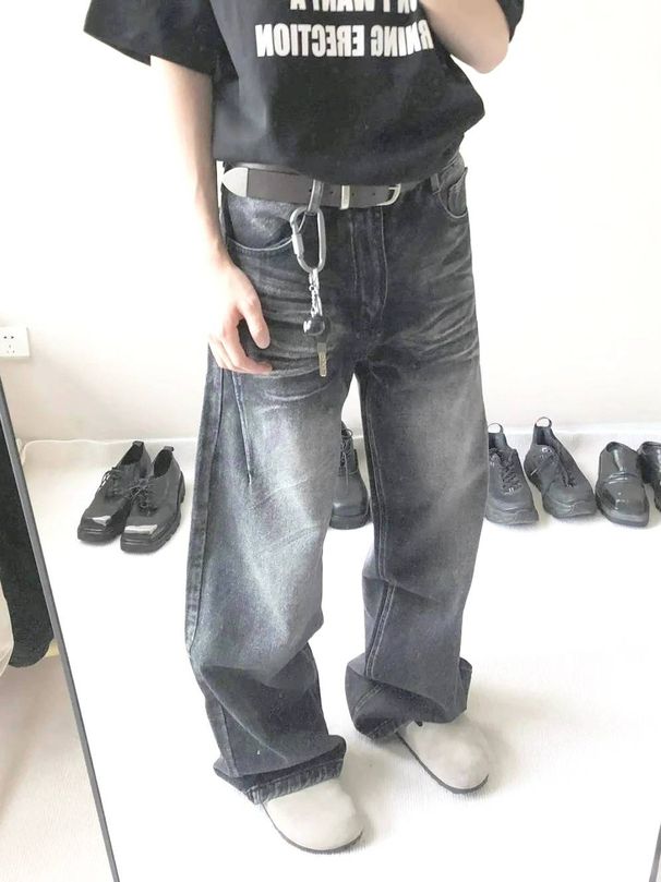Men's Clothing Retro Cat Whisker Jeans Washed Black Cleanfit Distressed Cat Whisker Versatile Wide Leg Pants_mkmklike.com