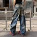Men's Clothing Trendy Loose Fitting Straight Leg Jeans Blue Washed Faux Ripped Mid Waist Cotton Long Pants Machine Washable_mkmklike.com