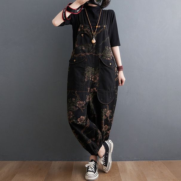 Summer Vintage-tyle Plu-ize Women' Denim Overall, Looe Fit, Printed, Large Pocket, Drop-crotch, Caual Harem_mkmklike.com
