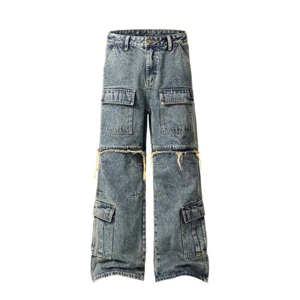 Men's Clothing Heavy Washed Distressed Jeans With Multiple Pockets Stitching And Fringed Edges Workwear Casual Trousers Trendy Heavyweight Trousers_mkmklike.com