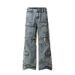 Men's Clothing Heavy Washed Distressed Jeans With Multiple Pockets Stitching And Fringed Edges Workwear Casual Trousers Trendy Heavyweight Trousers_mkmklike.com