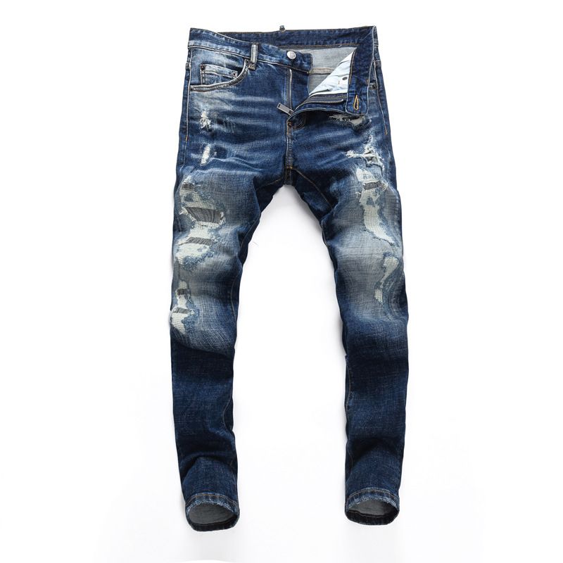 Men's Ripped Skinny Jeans High Street Fashion Trendy Distressed Washed Embroidered Patchwork Slim Fit Jeans American Style_mkmklike.com