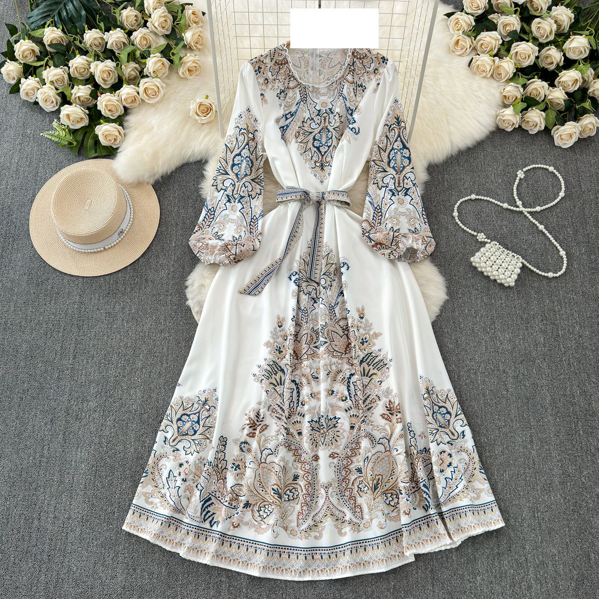 Women's clothing palace retro print long-sleeved round-neck dress puff sleeve waist tie long skirt_mkmklike.com