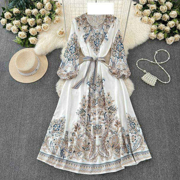 Women's clothing palace retro print long-sleeved round-neck dress puff sleeve waist tie long skirt_mkmklike.com