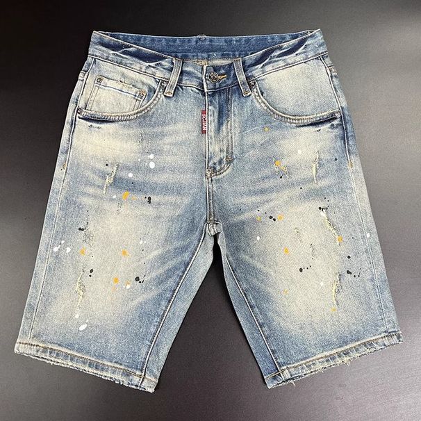 Men's Clothing Fashion Ink Splash Embroidery Denim Shorts Elastic Hole Style Five Point Pants Half Leg Pants_mkmklike.com