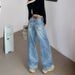 Women's Light Blue Rhinestone Jeans Spring New Arrival Heavy Duty Loose Fit Straight Leg Wide Leg Casual Fashion Office Lady Pants_mkmklike.com